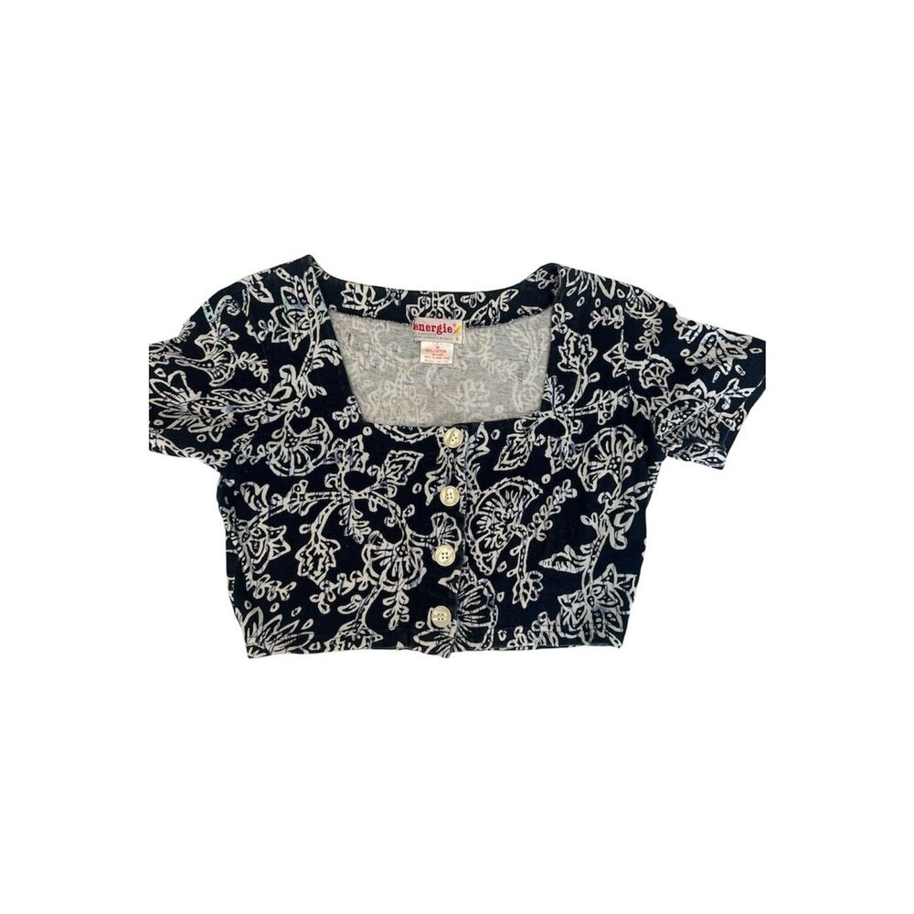 Vintage Energie Navy and White Floral Button-Front Crop Top EVC